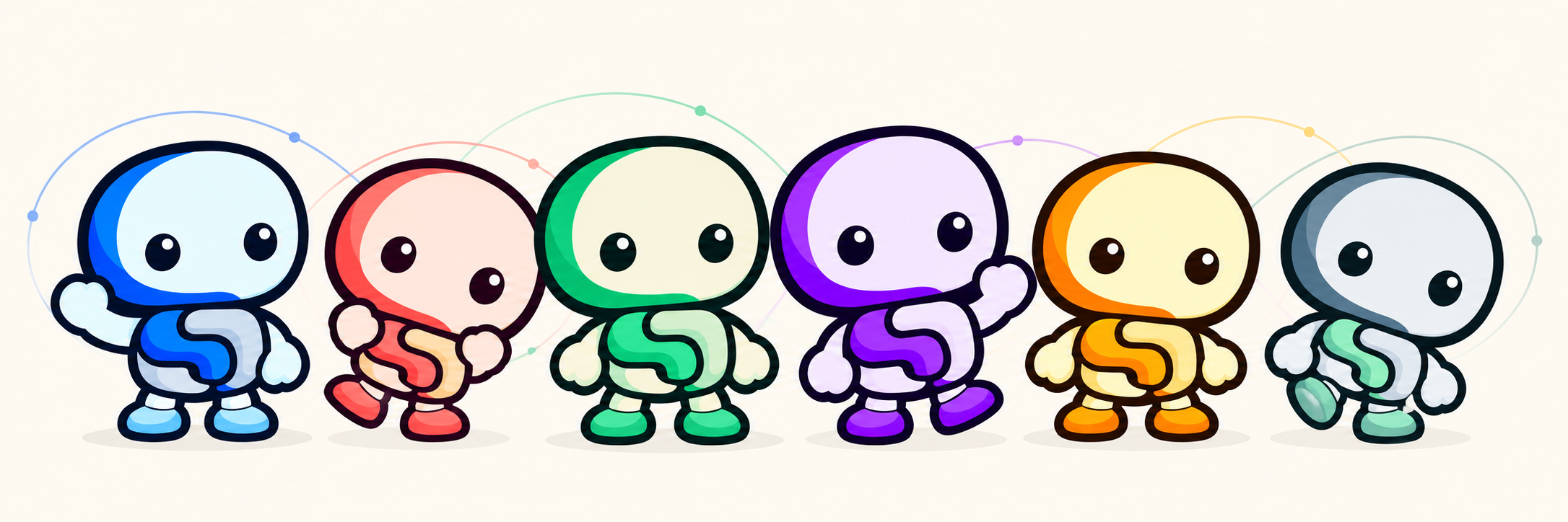 Six colorful Chainlings standing together